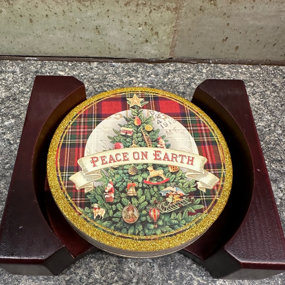 Festive Red Plaid Christmas Design Coasters And Wooden Holder